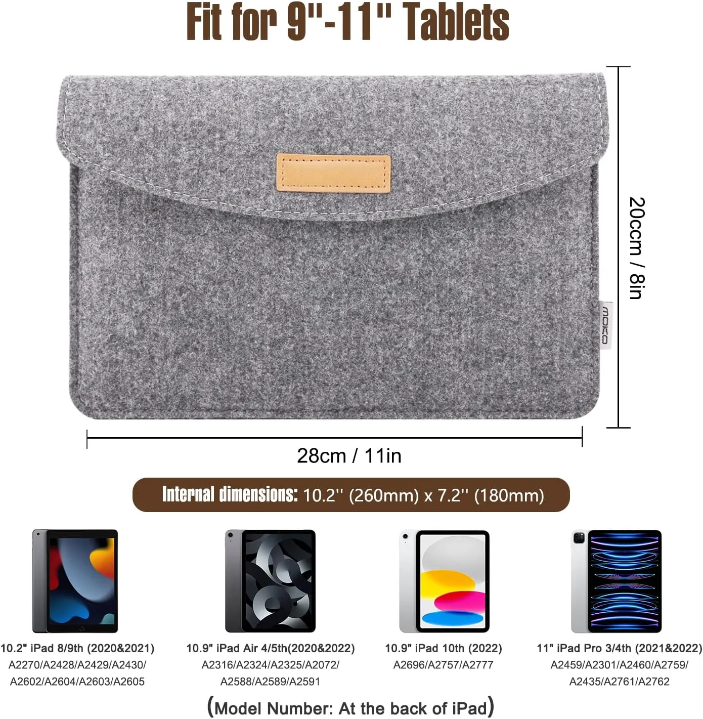 MoKo 9-11 Inch Felt Tablet Sleeve Bag Carrying Case Fits with Tab S8/S9 11", iPad Pro 11 inch, iPad 10th Gen 10.9, iPad 9/8/7th 10.2, iPad Air 5/4th 10.9, iPad Air 3 10.5, iPad 9.7 - Light Gray