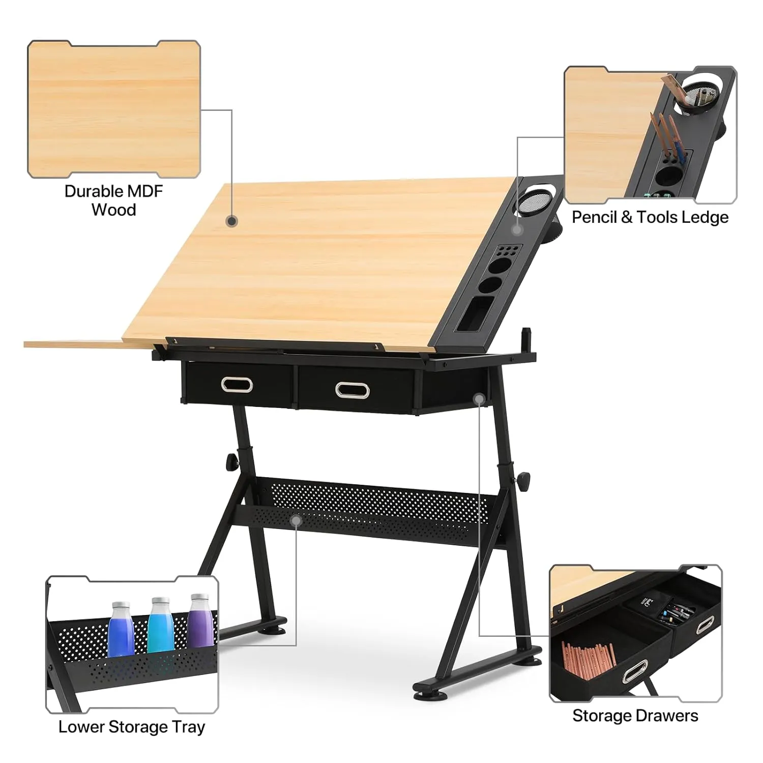 MoNiBloom Adjustable Drafting Table & Stool Set with Storage, Versatile Art Desk and Craft Center Home Study Room Artist Desk