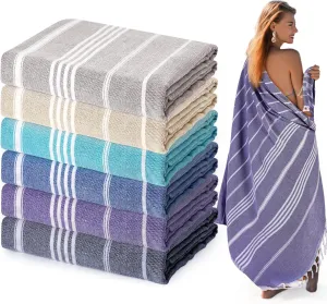 Moukeren 6 Pack Oversized Turkish Beach Towel 61 x 82 Inches Extra Large Cotton Turkish Beach Blanket Lightweight Absorbent Quick Dry Sand Proof Beach Towels for Travel Bathroom (6 Color)