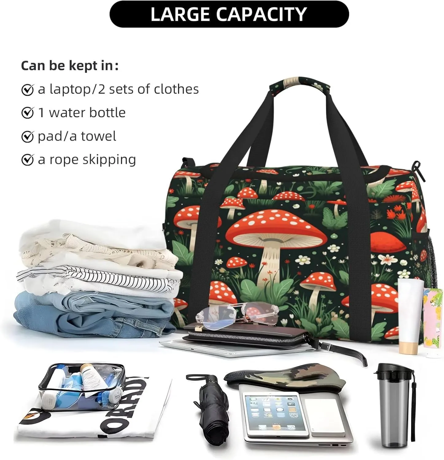Mushroom Leaf Travel Duffel Bag with Strap Multi Pockets Sports Bag Handbag Large Shoulder Bag for Gym Weekend Fitness Camping