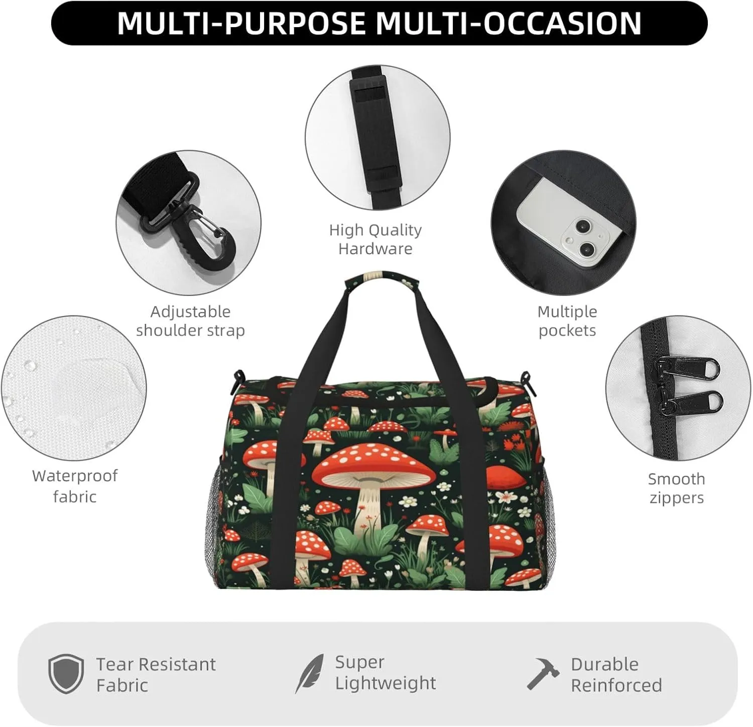 Mushroom Leaf Travel Duffel Bag with Strap Multi Pockets Sports Bag Handbag Large Shoulder Bag for Gym Weekend Fitness Camping