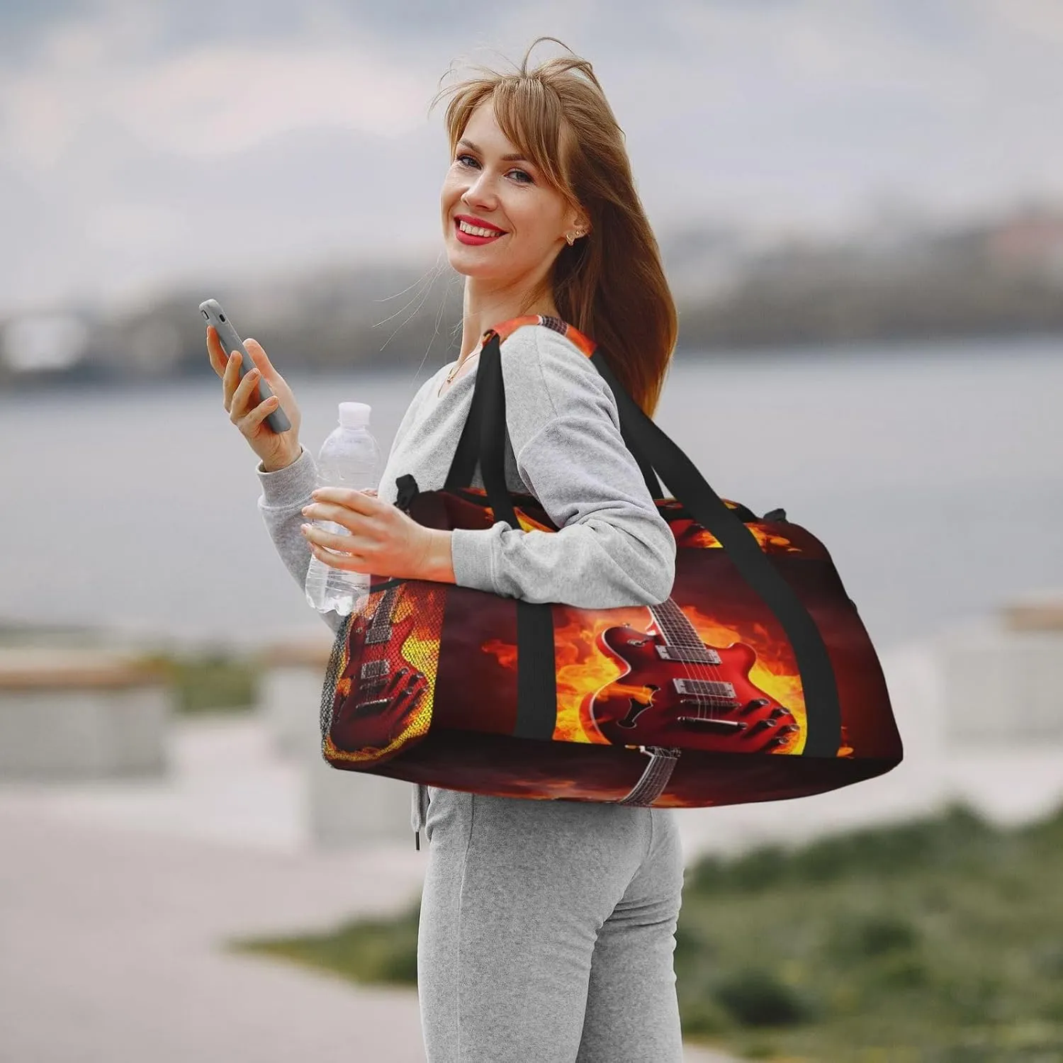 Music Guitar Fire Travel Duffel Bag with Strap Multi Pockets Sports Bag Handbag Large Shoulder Bag for Gym Weekend Fitness Camping