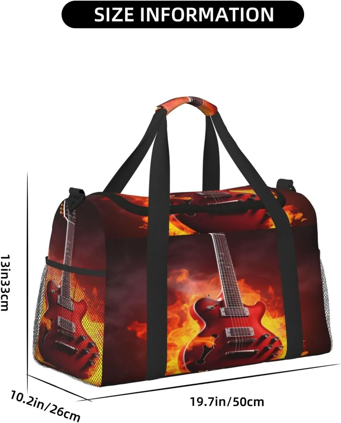 Music Guitar Fire Travel Duffel Bag with Strap Multi Pockets Sports Bag Handbag Large Shoulder Bag for Gym Weekend Fitness Camping