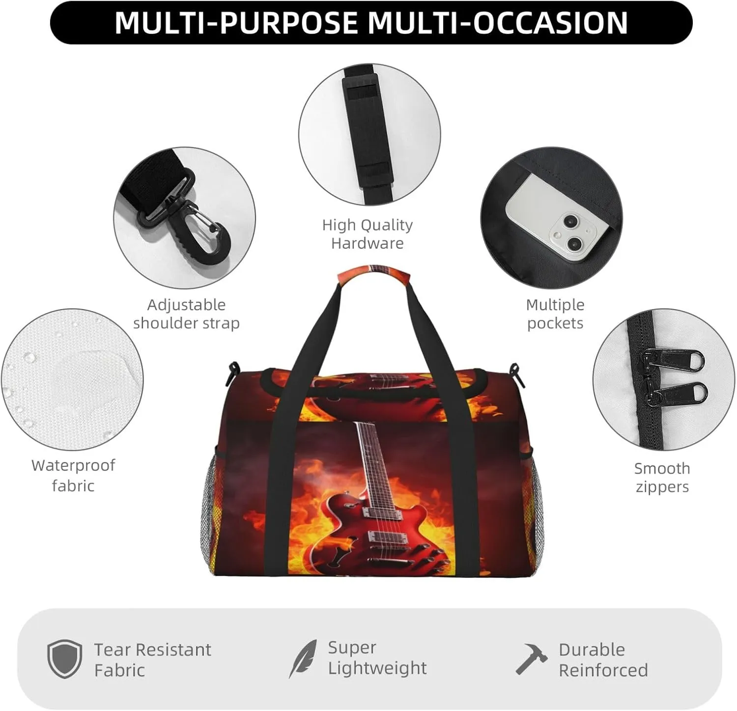 Music Guitar Fire Travel Duffel Bag with Strap Multi Pockets Sports Bag Handbag Large Shoulder Bag for Gym Weekend Fitness Camping