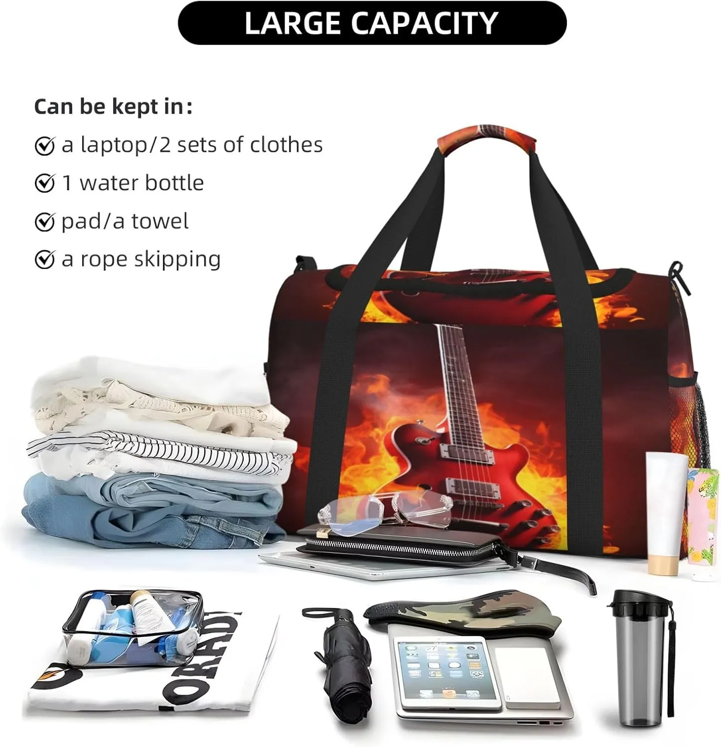 Music Guitar Fire Travel Duffel Bag with Strap Multi Pockets Sports Bag Handbag Large Shoulder Bag for Gym Weekend Fitness Camping