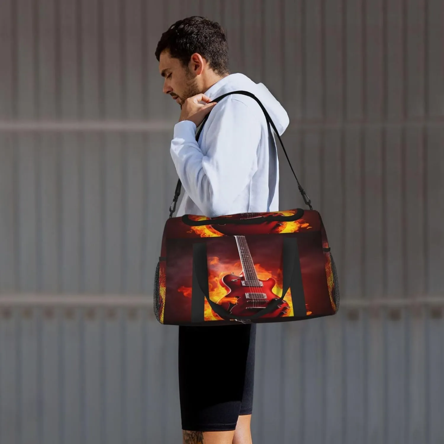 Music Guitar Fire Travel Duffel Bag with Strap Multi Pockets Sports Bag Handbag Large Shoulder Bag for Gym Weekend Fitness Camping