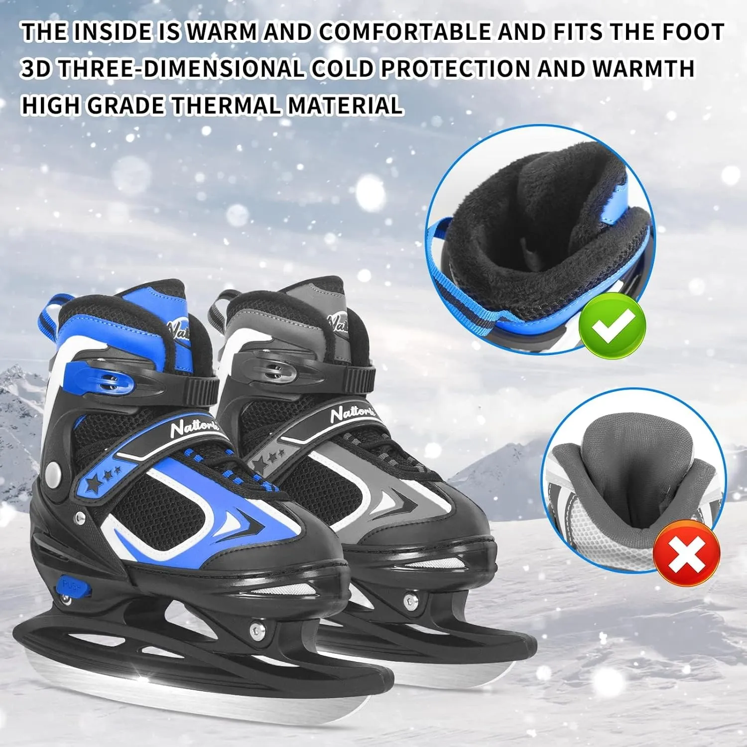 Nattork Adjustable Ice Skates, Ice Skating for Kids, Boys and Girls, Hockey Lace-Up Skates - Soft Padding and Reinforced Ankle Support with 4 Sizes Adjustments