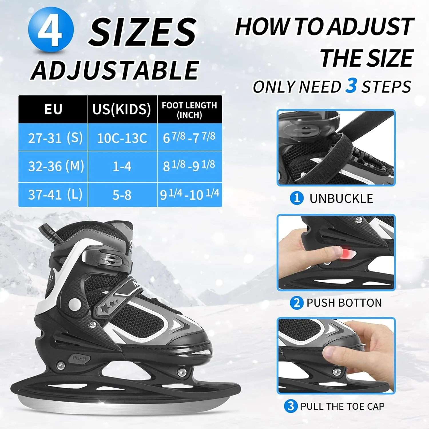 Nattork Adjustable Ice Skates, Ice Skating for Kids, Boys and Girls, Hockey Lace-Up Skates - Soft Padding and Reinforced Ankle Support with 4 Sizes Adjustments