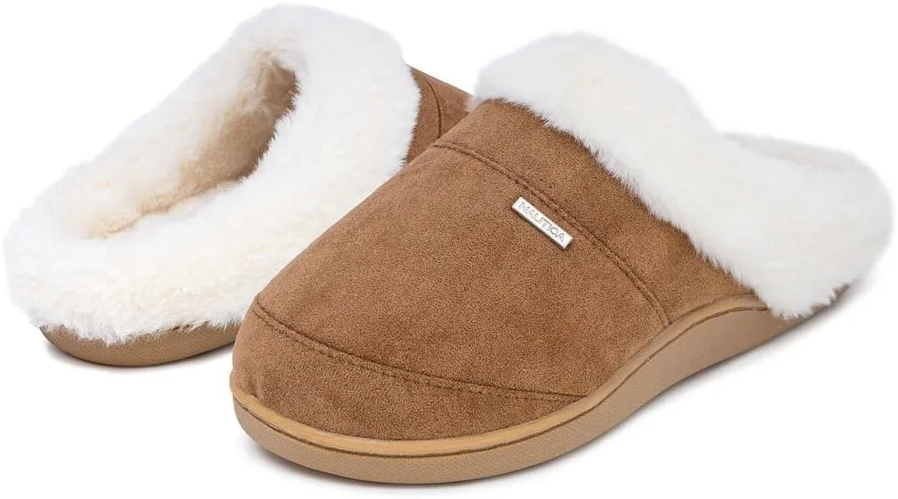 Nautica Women's Cozy Clog Slippers with Plush Faux Fur Collar and Durable Rubber Sole for Indoor & Outdoor Comfort