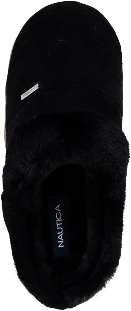 Nautica Women's Cozy Clog Slippers with Plush Faux Fur Collar and Durable Rubber Sole for Indoor & Outdoor Comfort
