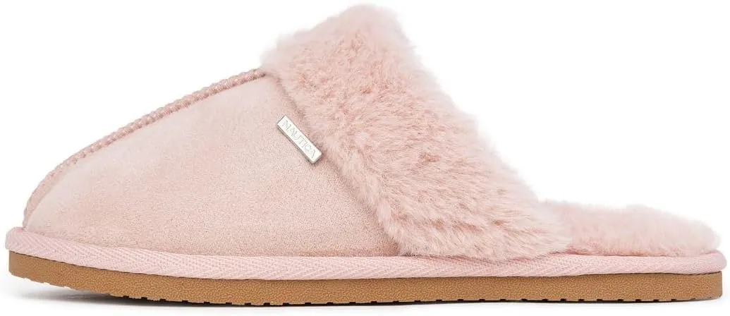 Nautica Women's Cozy Clog Slippers with Plush Faux Fur Collar and Durable Rubber Sole for Indoor & Outdoor Comfort