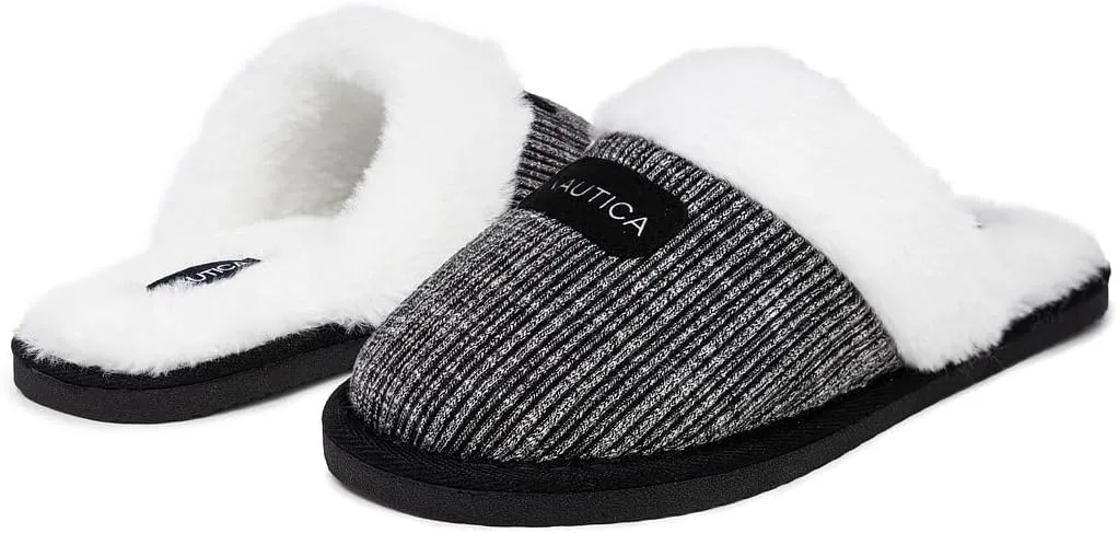 Nautica Women's Cozy Clog Slippers with Plush Faux Fur Collar and Durable Rubber Sole for Indoor & Outdoor Comfort