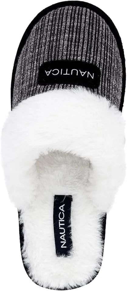 Nautica Women's Cozy Clog Slippers with Plush Faux Fur Collar and Durable Rubber Sole for Indoor & Outdoor Comfort