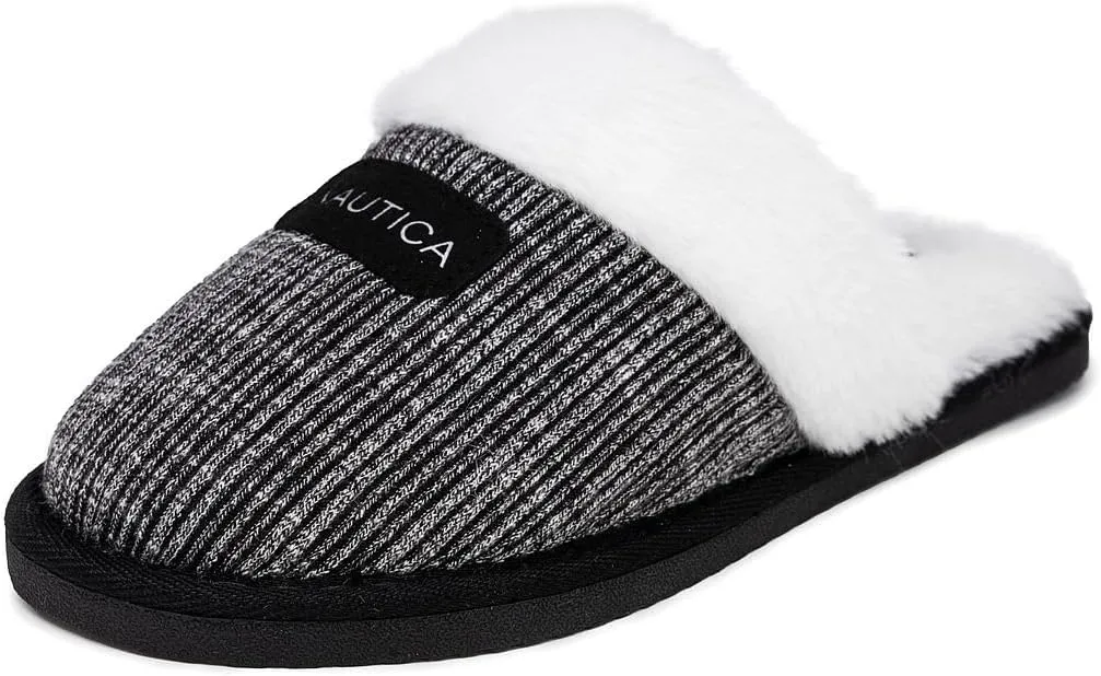 Nautica Women's Cozy Clog Slippers with Plush Faux Fur Collar and Durable Rubber Sole for Indoor & Outdoor Comfort