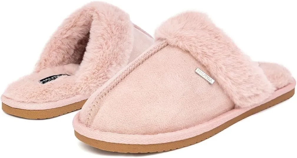Nautica Women's Cozy Clog Slippers with Plush Faux Fur Collar and Durable Rubber Sole for Indoor & Outdoor Comfort