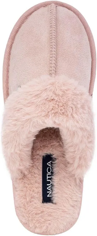 Nautica Women's Cozy Clog Slippers with Plush Faux Fur Collar and Durable Rubber Sole for Indoor & Outdoor Comfort