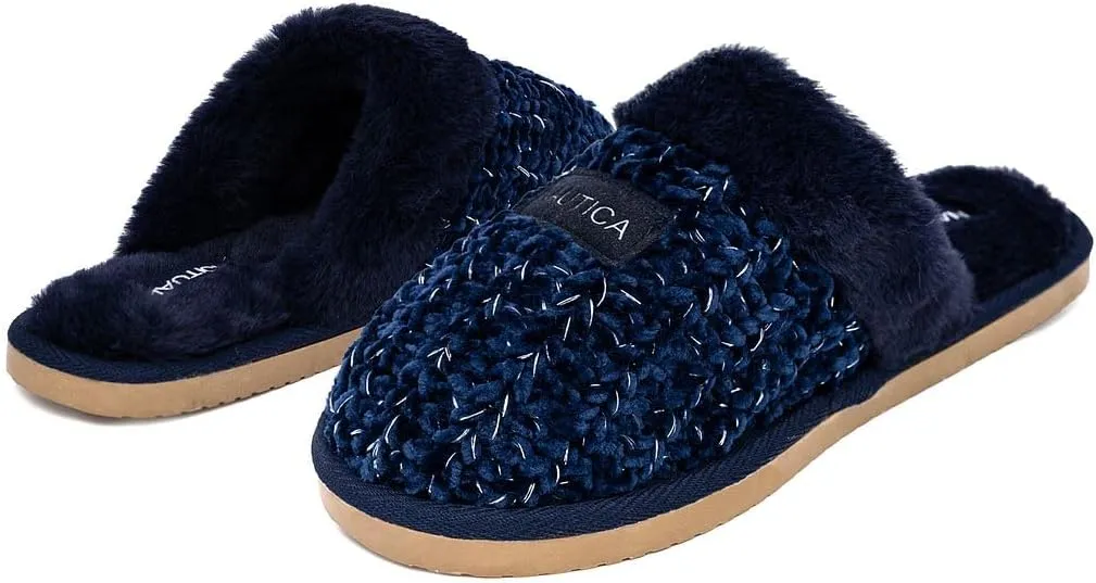 Nautica Women's Cozy Clog Slippers with Plush Faux Fur Collar and Durable Rubber Sole for Indoor & Outdoor Comfort