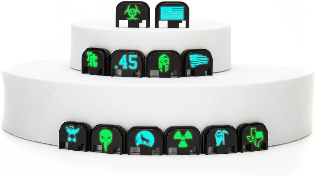 NDZ Performance Glow in The Dark Slide Cover Plate for Glock Gen 1/2/3/4/5 17 17L 19 19X 20 21 22 23 24 26 27 29 30 31 32 33 34 35 36 37 38 39 40 41 43 43X 45 47 48 in 9mm 10mm .40 .357 .45, Aluminum