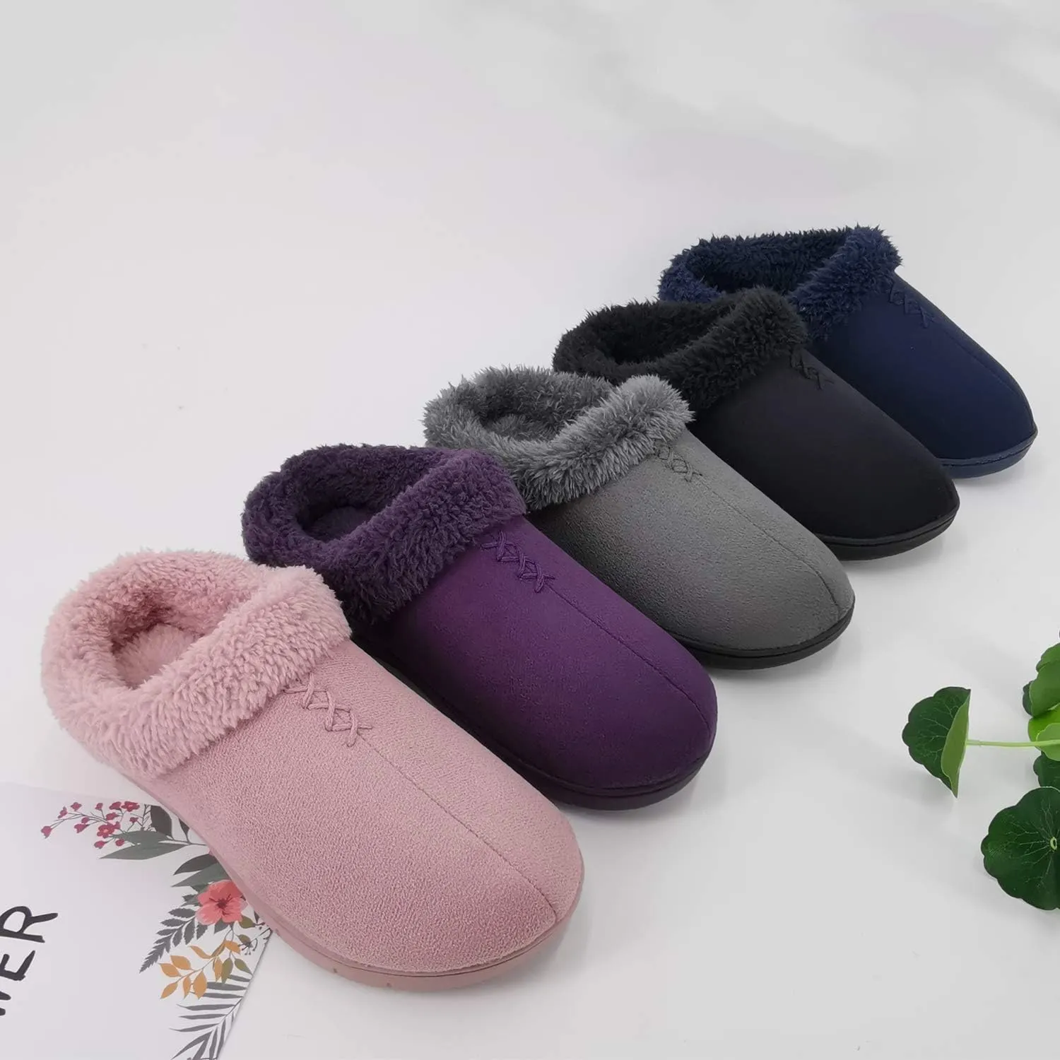 ofoot Women's Winter Warm Faux Suede Fuzzy Clog Slippers | Memory Foam, Non-Slip Rubber Soles