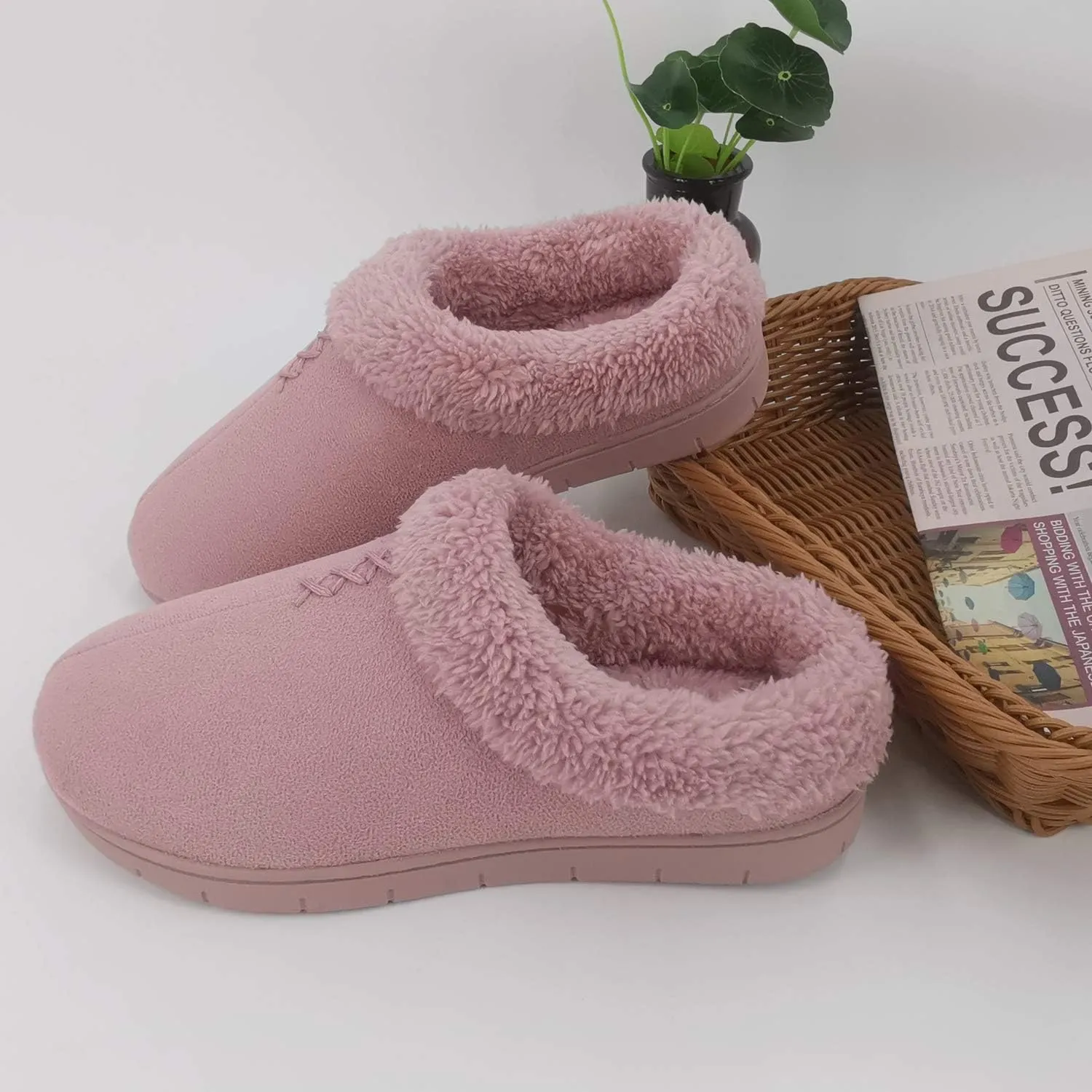 ofoot Women's Winter Warm Faux Suede Fuzzy Clog Slippers | Memory Foam, Non-Slip Rubber Soles