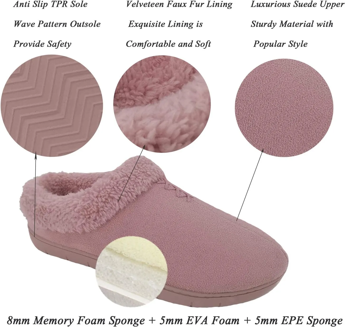 ofoot Women's Winter Warm Faux Suede Fuzzy Clog Slippers | Memory Foam, Non-Slip Rubber Soles