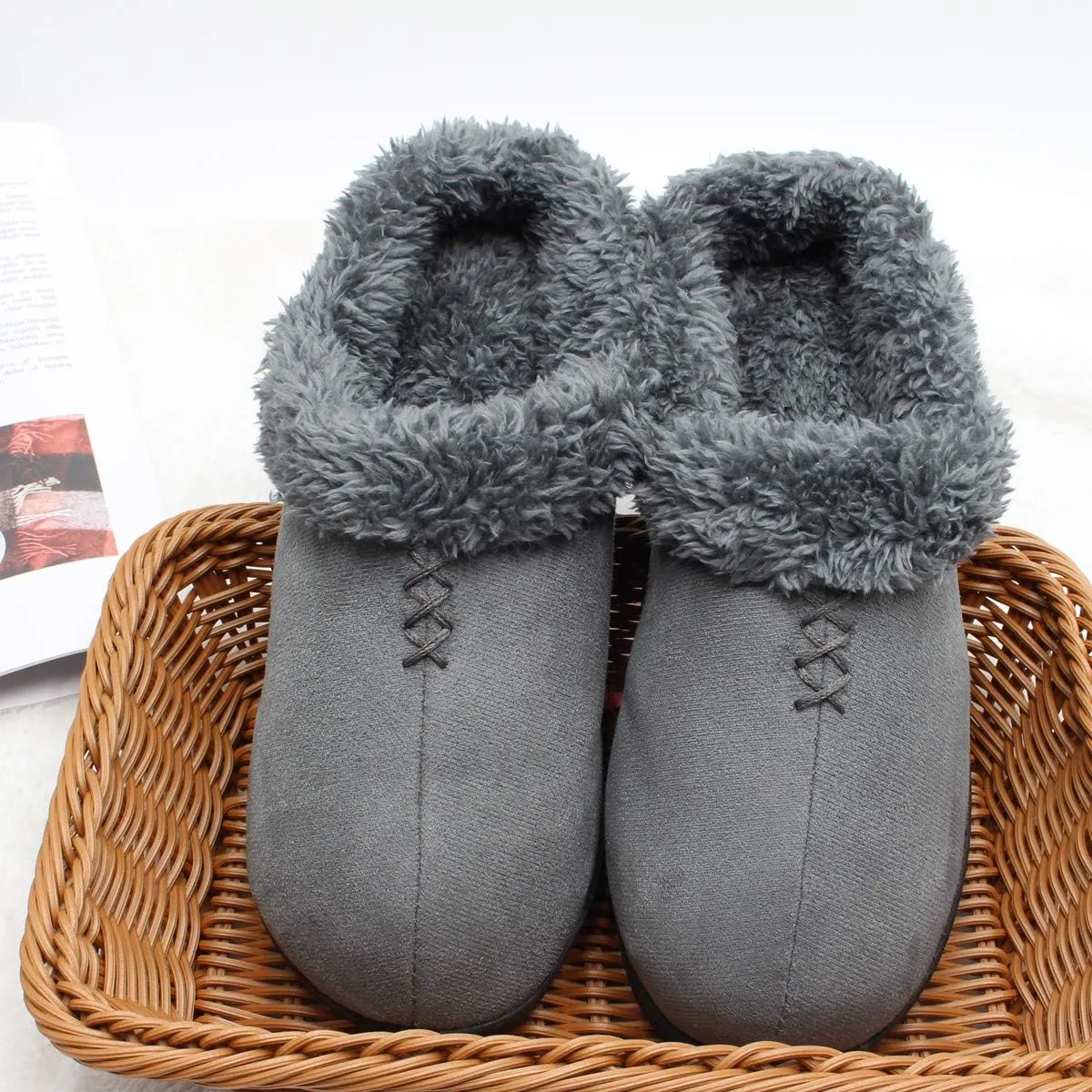 ofoot Women's Winter Warm Faux Suede Fuzzy Clog Slippers | Memory Foam, Non-Slip Rubber Soles