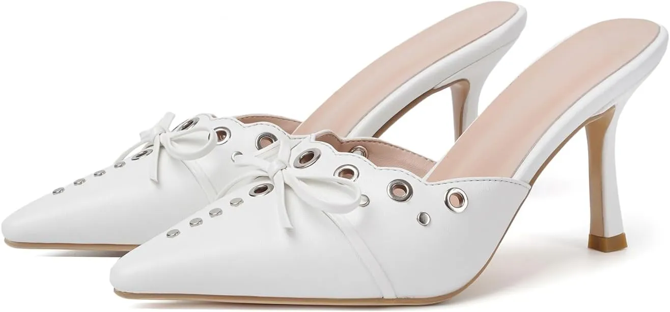 olomisa Kitten Heels for Women, Pointed Toe Heels Studded Bow Heeled Mules, Faux Suede Silp On Sandals Kitten Heel Pumps