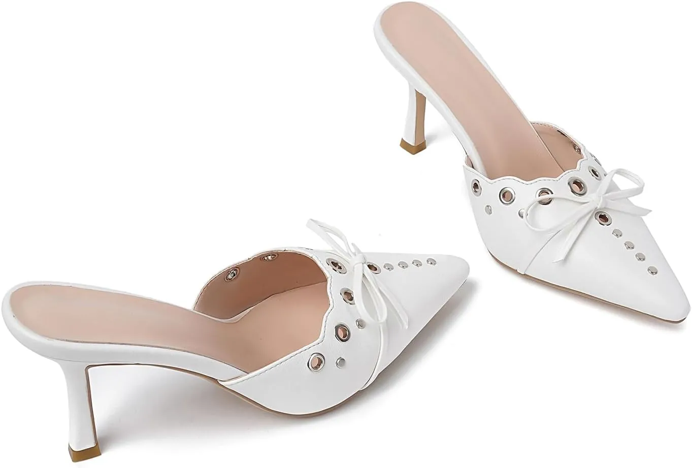 olomisa Kitten Heels for Women, Pointed Toe Heels Studded Bow Heeled Mules, Faux Suede Silp On Sandals Kitten Heel Pumps