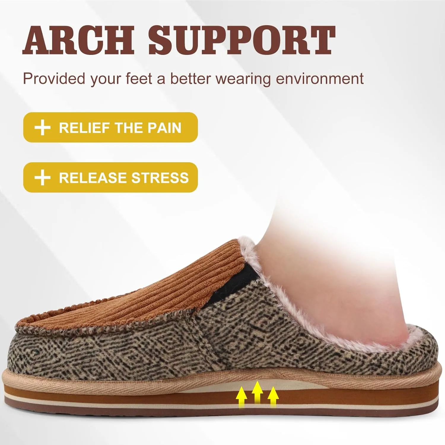 ONCAI Mens Clog Slippers with Arch Support Stripe Faux Fur Cotton-Blend High-Density Memory Foam Warm House Slippers Slip-on Indoor Outdoor Rubber Sole Size 7-16