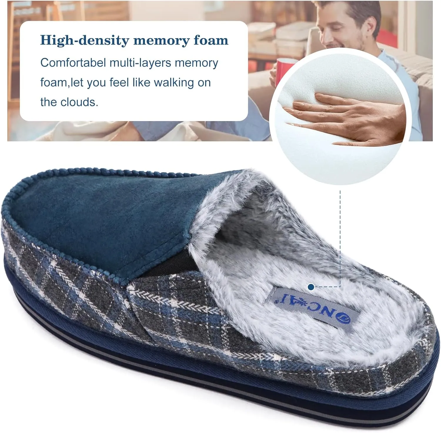 ONCAI Mens Clog Slippers with Arch Support Stripe Faux Fur Cotton-Blend High-Density Memory Foam Warm House Slippers Slip-on Indoor Outdoor Rubber Sole Size 7-16