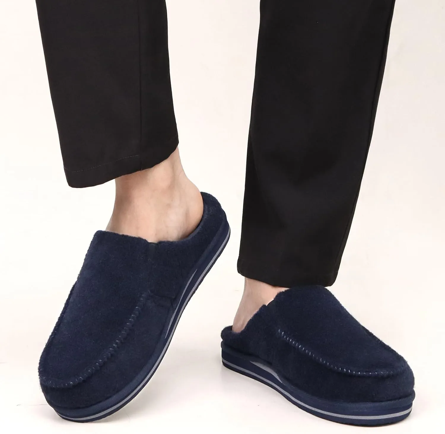 ONCAI Mens Clog Slippers with Arch Support Stripe Faux Fur Cotton-Blend High-Density Memory Foam Warm House Slippers Slip-on Indoor Outdoor Rubber Sole Size 7-16