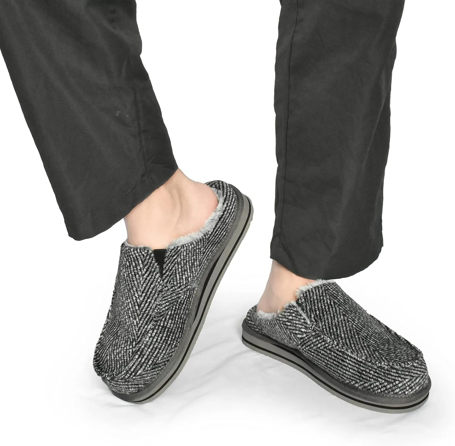 ONCAI Mens Clog Slippers with Arch Support Stripe Faux Fur Cotton-Blend High-Density Memory Foam Warm House Slippers Slip-on Indoor Outdoor Rubber Sole Size 7-16