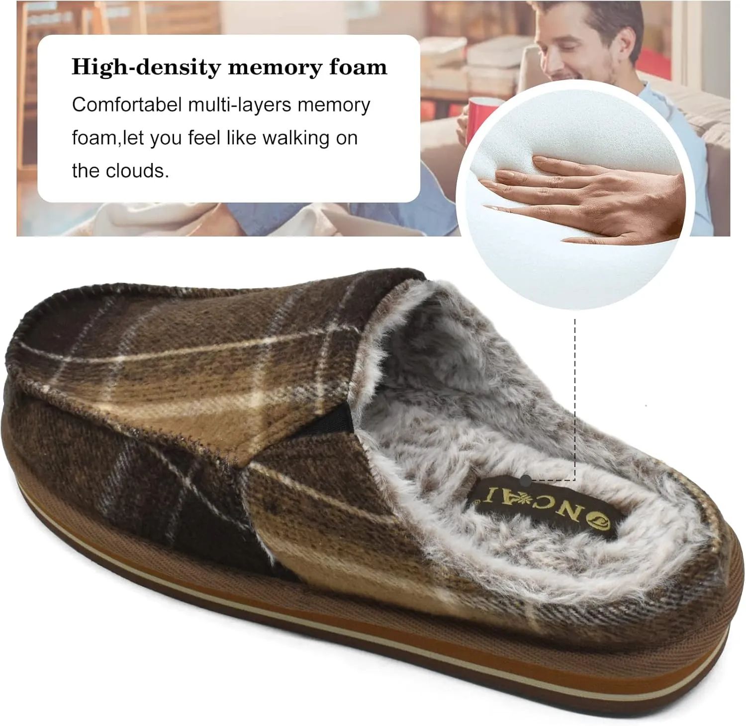 ONCAI Mens Clog Slippers with Arch Support Stripe Faux Fur Cotton-Blend High-Density Memory Foam Warm House Slippers Slip-on Indoor Outdoor Rubber Sole Size 7-16