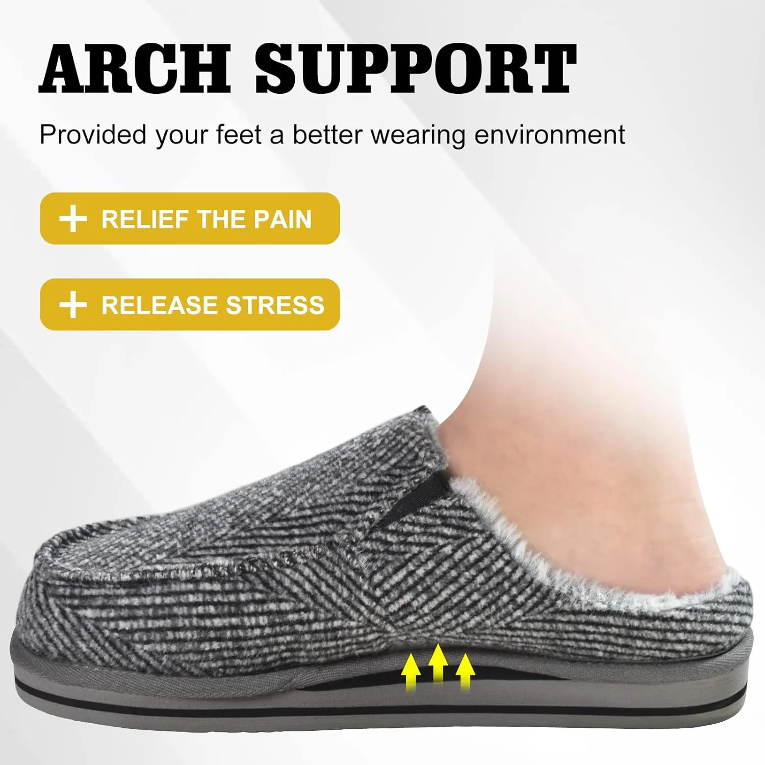 ONCAI Mens Clog Slippers with Arch Support Stripe Faux Fur Cotton-Blend High-Density Memory Foam Warm House Slippers Slip-on Indoor Outdoor Rubber Sole Size 7-16