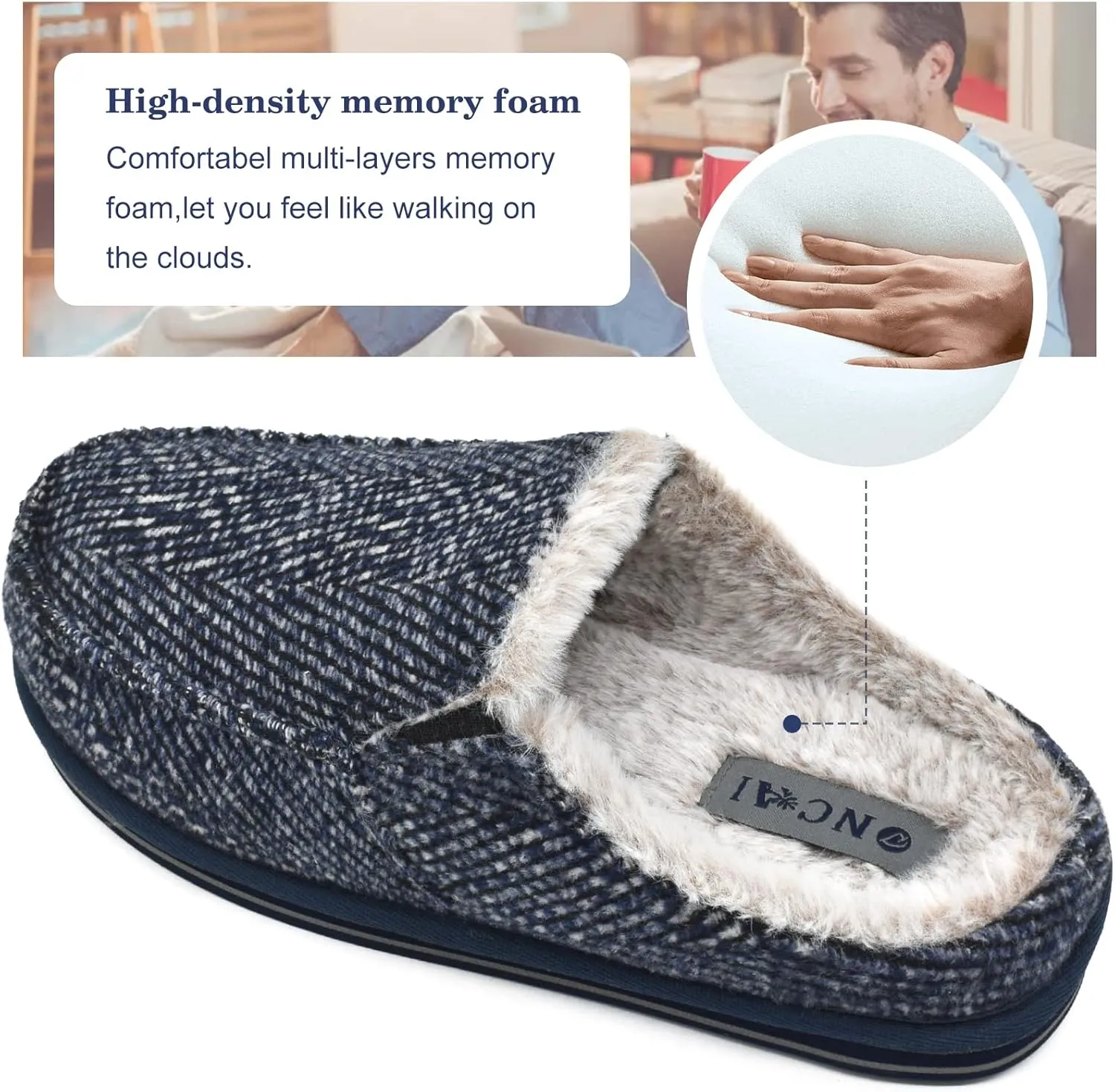 ONCAI Mens Clog Slippers with Arch Support Stripe Faux Fur Cotton-Blend High-Density Memory Foam Warm House Slippers Slip-on Indoor Outdoor Rubber Sole Size 7-16