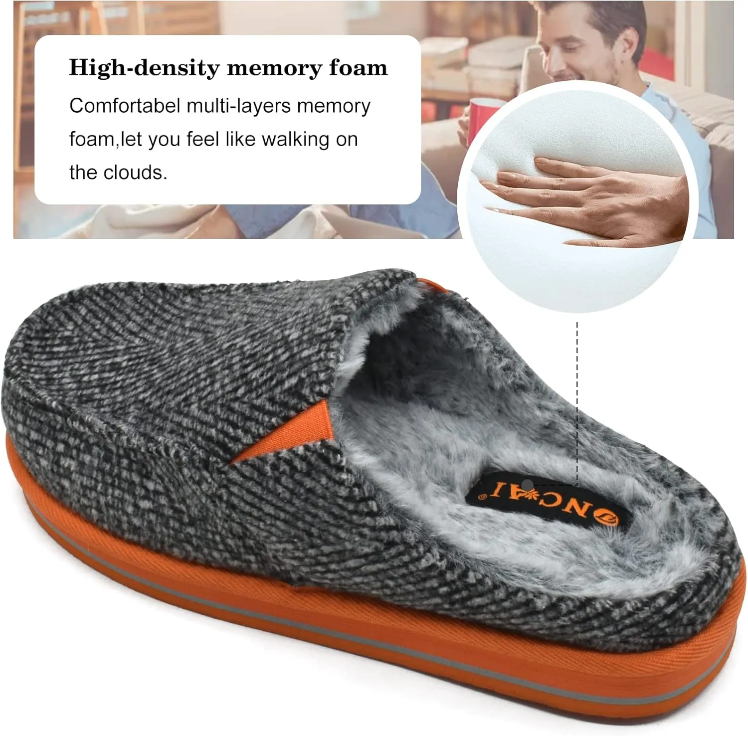ONCAI Mens Clog Slippers with Arch Support Stripe Faux Fur Cotton-Blend High-Density Memory Foam Warm House Slippers Slip-on Indoor Outdoor Rubber Sole Size 7-16
