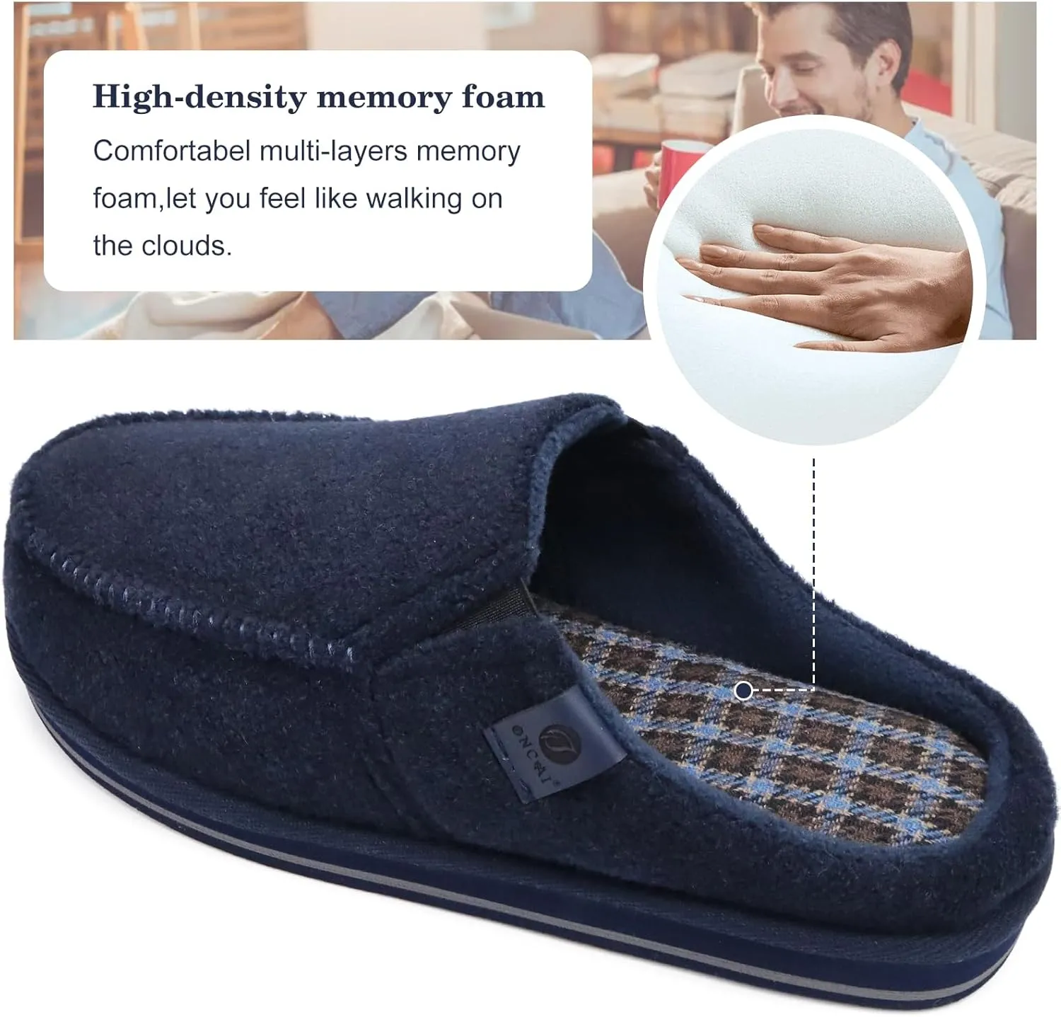 ONCAI Mens Clog Slippers with Arch Support Stripe Faux Fur Cotton-Blend High-Density Memory Foam Warm House Slippers Slip-on Indoor Outdoor Rubber Sole Size 7-16