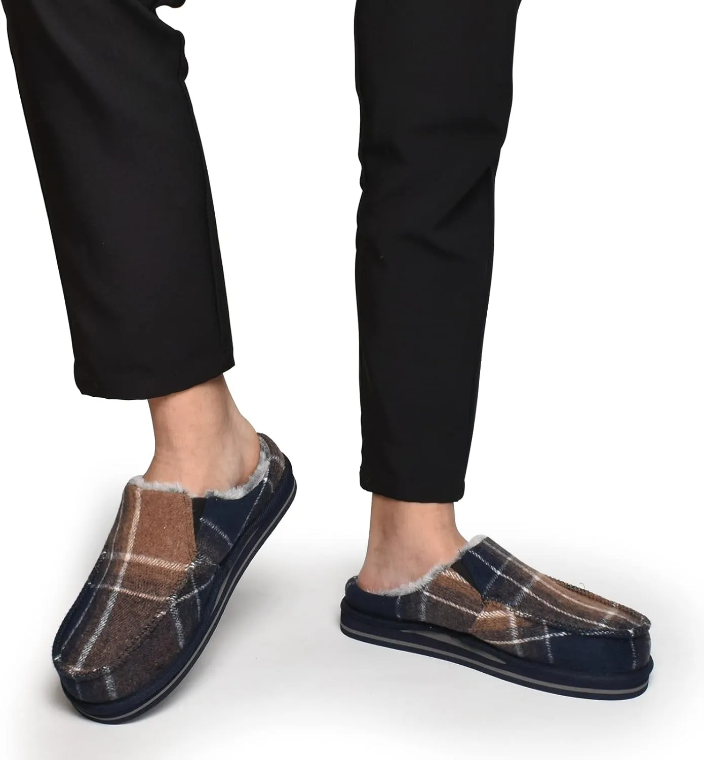ONCAI Mens Clog Slippers with Arch Support Stripe Faux Fur Cotton-Blend High-Density Memory Foam Warm House Slippers Slip-on Indoor Outdoor Rubber Sole Size 7-16
