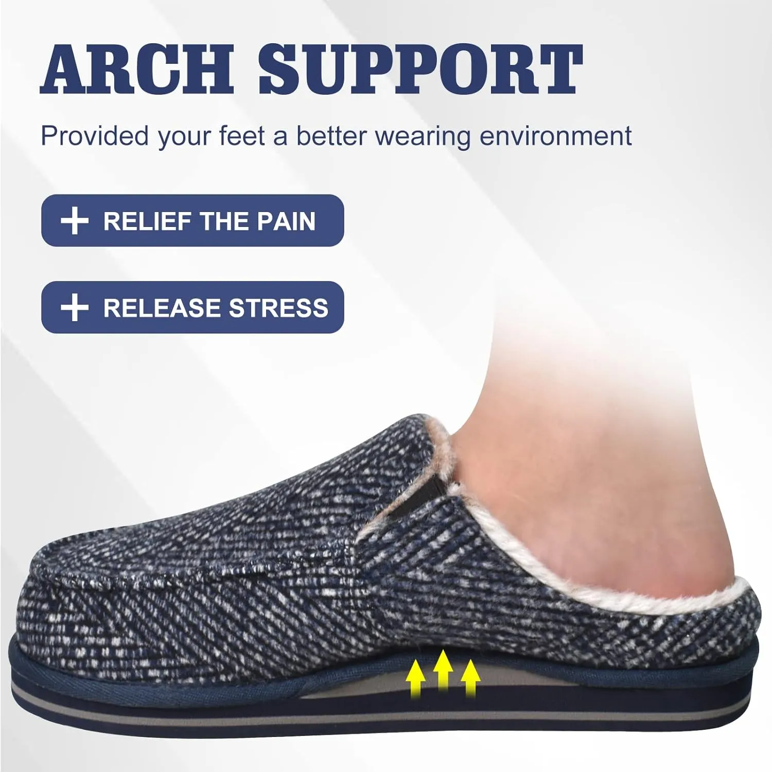 ONCAI Mens Clog Slippers with Arch Support Stripe Faux Fur Cotton-Blend High-Density Memory Foam Warm House Slippers Slip-on Indoor Outdoor Rubber Sole Size 7-16