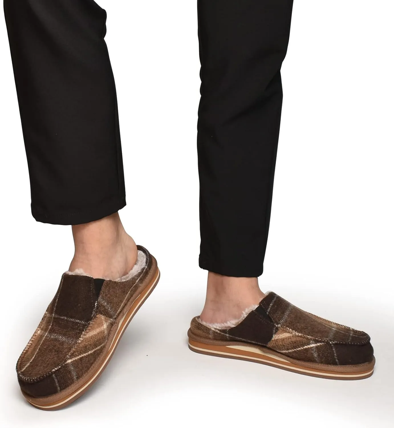 ONCAI Mens Clog Slippers with Arch Support Stripe Faux Fur Cotton-Blend High-Density Memory Foam Warm House Slippers Slip-on Indoor Outdoor Rubber Sole Size 7-16
