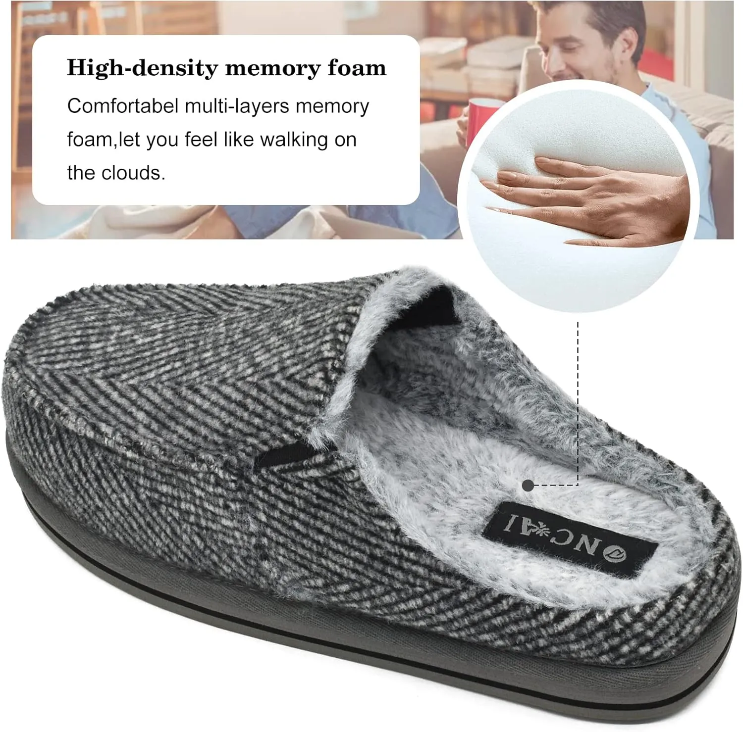 ONCAI Mens Clog Slippers with Arch Support Stripe Faux Fur Cotton-Blend High-Density Memory Foam Warm House Slippers Slip-on Indoor Outdoor Rubber Sole Size 7-16
