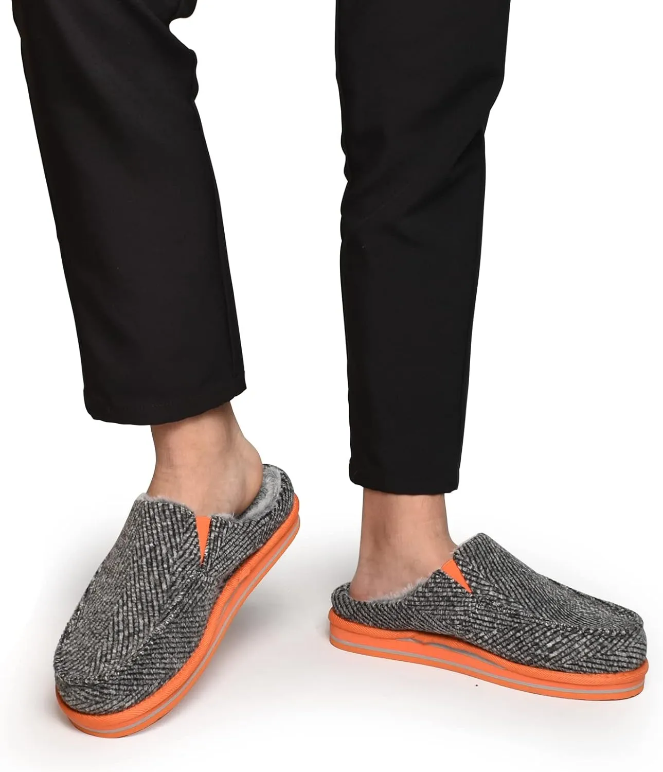 ONCAI Mens Clog Slippers with Arch Support Stripe Faux Fur Cotton-Blend High-Density Memory Foam Warm House Slippers Slip-on Indoor Outdoor Rubber Sole Size 7-16