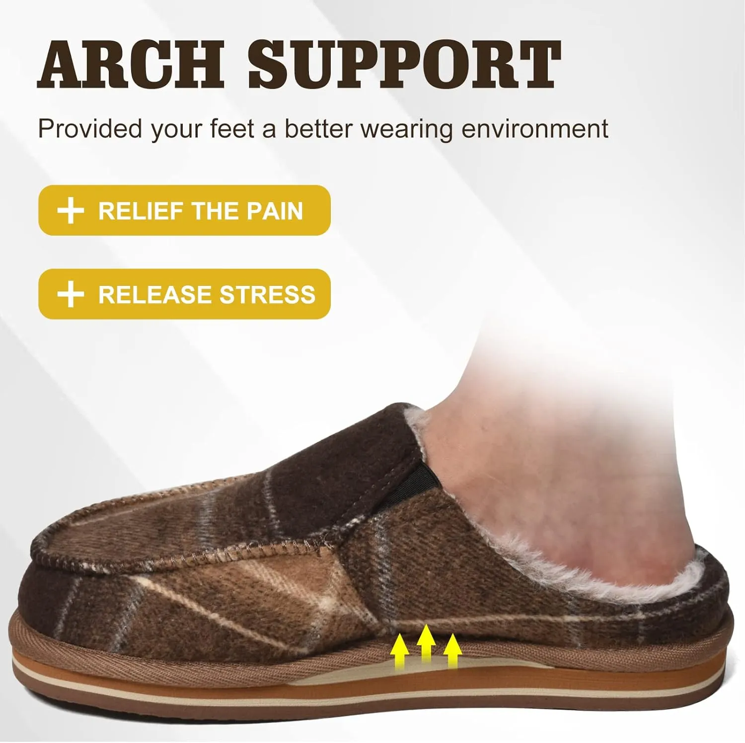 ONCAI Mens Clog Slippers with Arch Support Stripe Faux Fur Cotton-Blend High-Density Memory Foam Warm House Slippers Slip-on Indoor Outdoor Rubber Sole Size 7-16