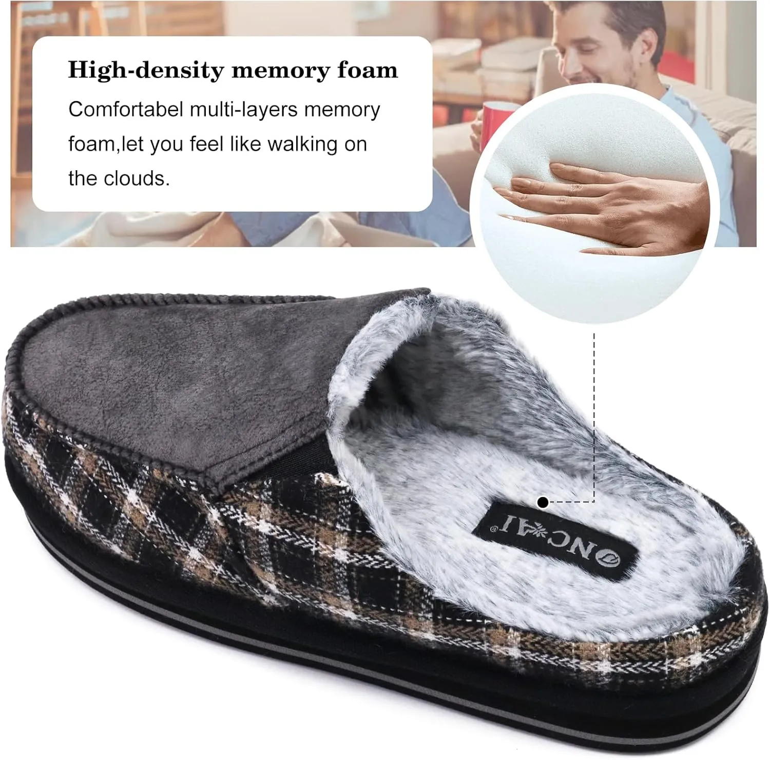 ONCAI Mens Clog Slippers with Arch Support Stripe Faux Fur Cotton-Blend High-Density Memory Foam Warm House Slippers Slip-on Indoor Outdoor Rubber Sole Size 7-16