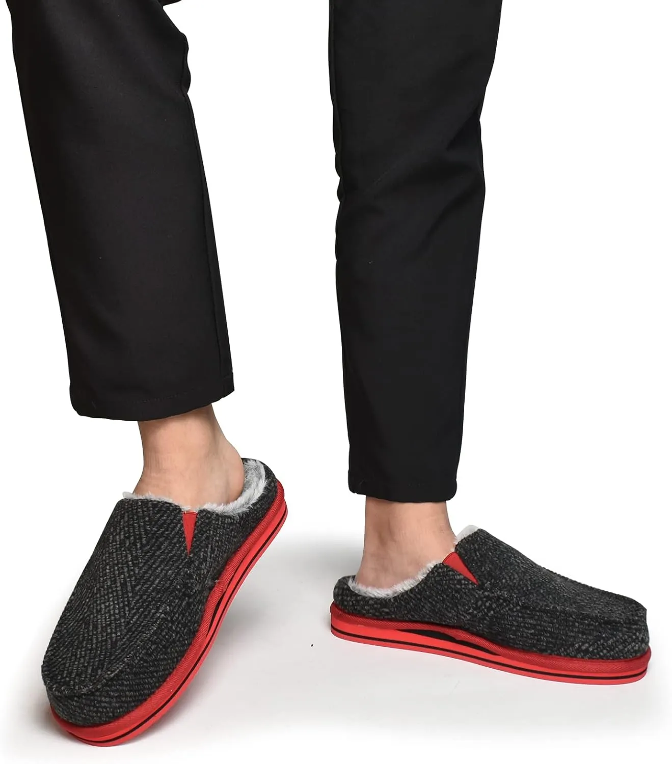 ONCAI Mens Clog Slippers with Arch Support Stripe Faux Fur Cotton-Blend High-Density Memory Foam Warm House Slippers Slip-on Indoor Outdoor Rubber Sole Size 7-16