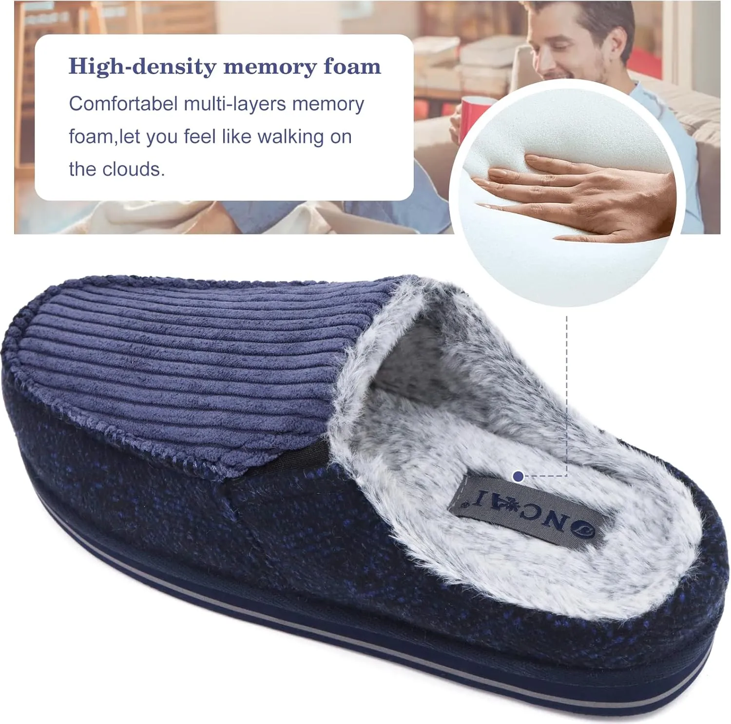 ONCAI Mens Clog Slippers with Arch Support Stripe Faux Fur Cotton-Blend High-Density Memory Foam Warm House Slippers Slip-on Indoor Outdoor Rubber Sole Size 7-16