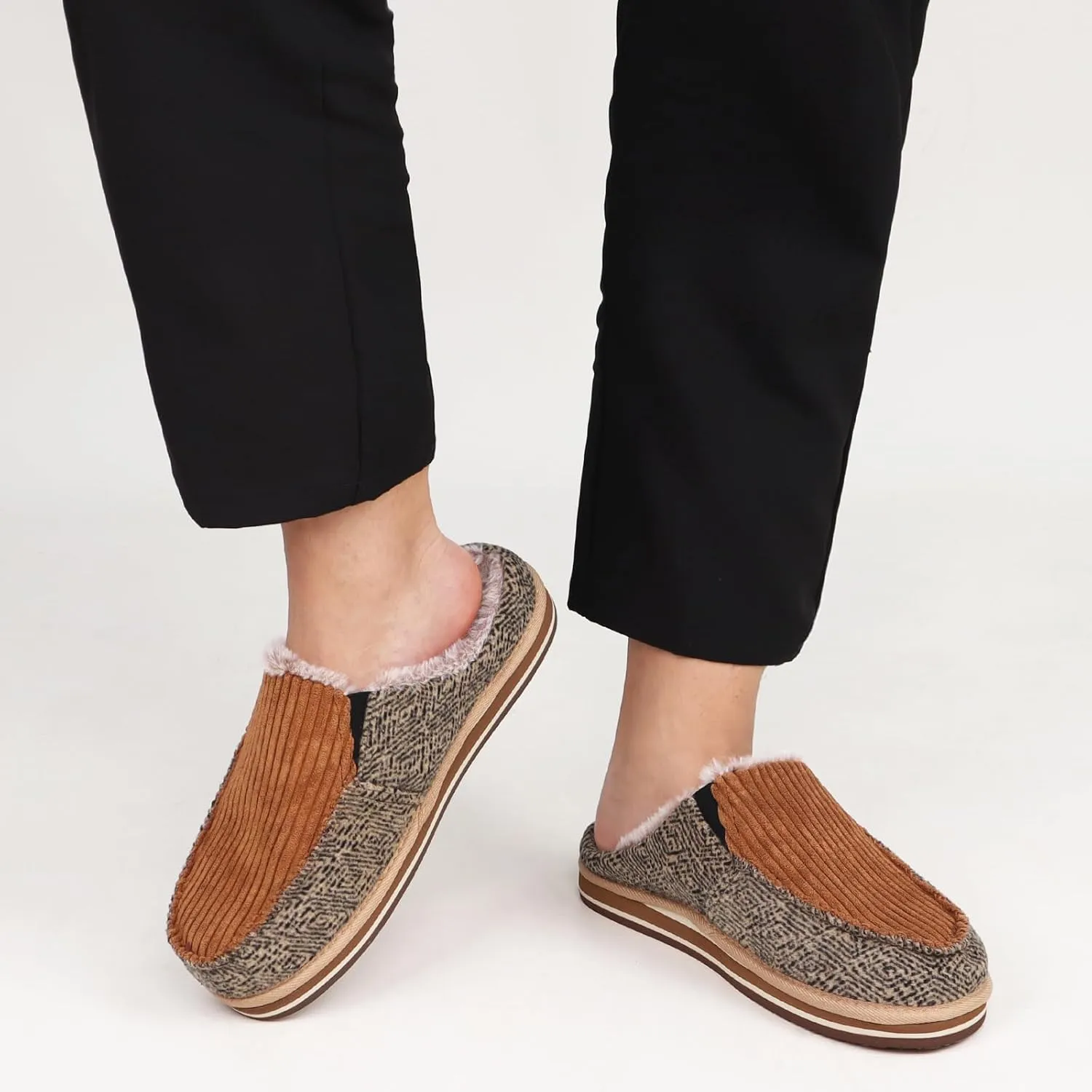 ONCAI Mens Clog Slippers with Arch Support Stripe Faux Fur Cotton-Blend High-Density Memory Foam Warm House Slippers Slip-on Indoor Outdoor Rubber Sole Size 7-16