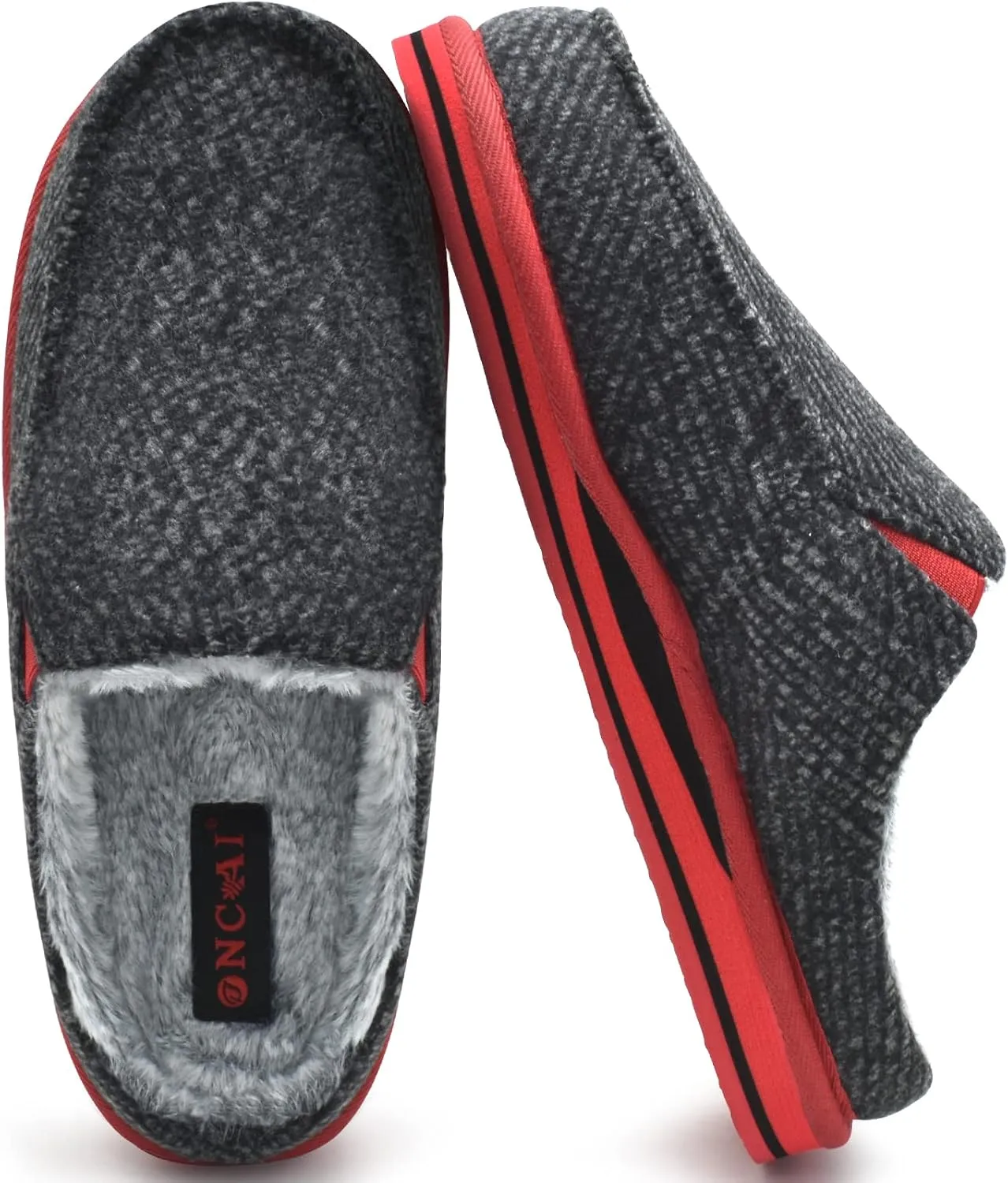ONCAI Mens Clog Slippers with Arch Support Stripe Faux Fur Cotton-Blend High-Density Memory Foam Warm House Slippers Slip-on Indoor Outdoor Rubber Sole Size 7-16
