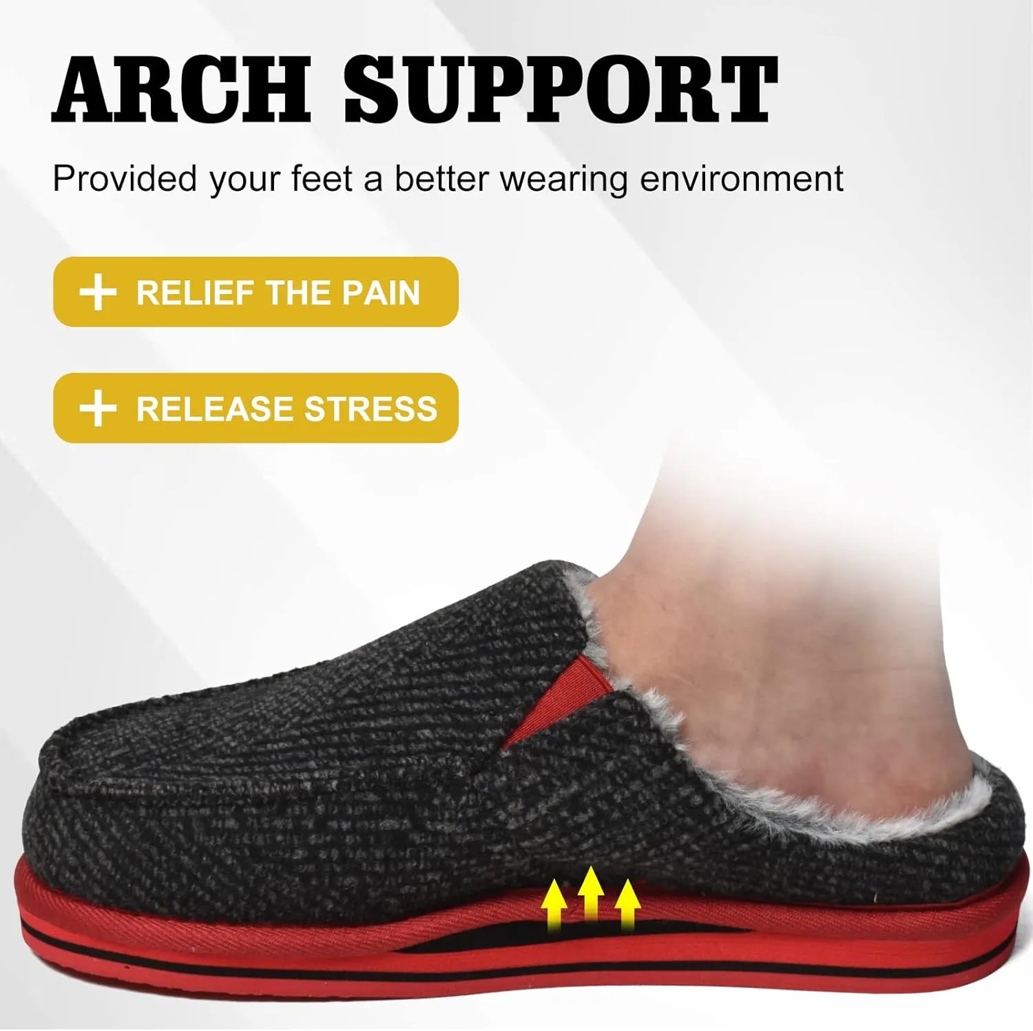 ONCAI Mens Clog Slippers with Arch Support Stripe Faux Fur Cotton-Blend High-Density Memory Foam Warm House Slippers Slip-on Indoor Outdoor Rubber Sole Size 7-16