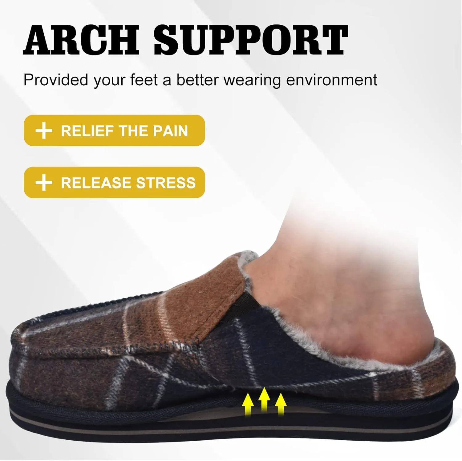 ONCAI Mens Clog Slippers with Arch Support Stripe Faux Fur Cotton-Blend High-Density Memory Foam Warm House Slippers Slip-on Indoor Outdoor Rubber Sole Size 7-16
